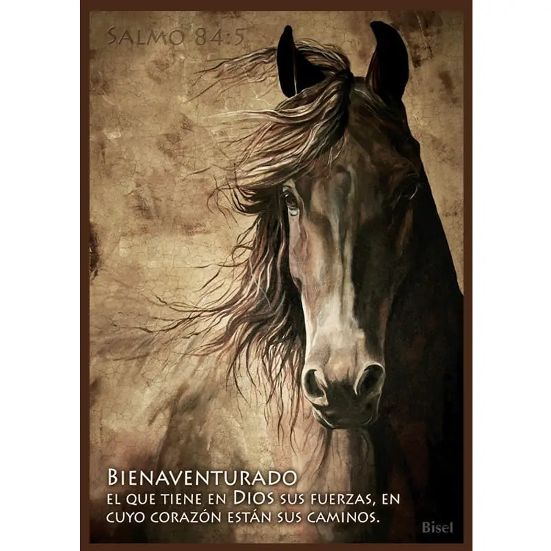 PLAQUETA PARA ESCRITORIO COLOR CAFE, DISEÑO: CABALLO, TEXTO: SALMO 84:5 BIENAVENTURADO EL QUE TIENE EN DIOS SUS FUERZAS 