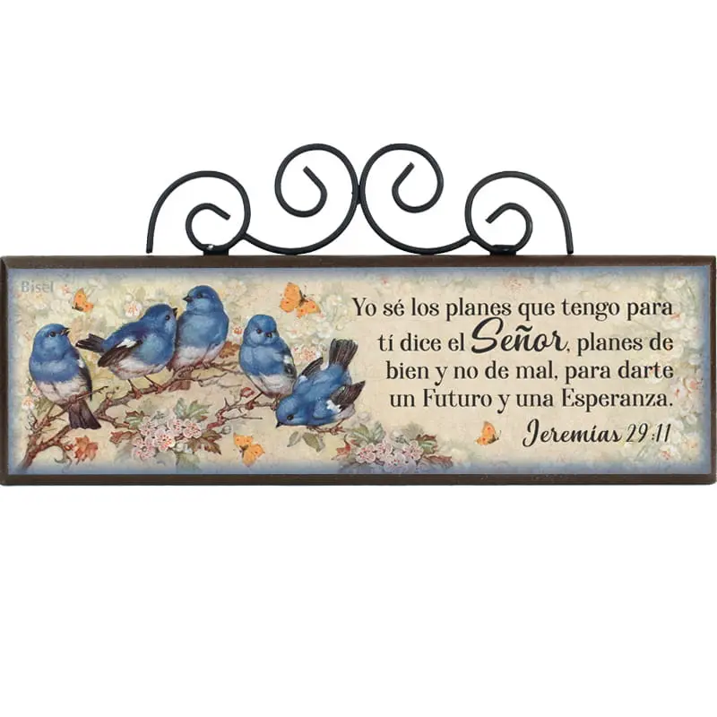 PLAQUETA DE PAJAROS AZULES CON FORJA, TEXTO: JEREMIAS 29:11