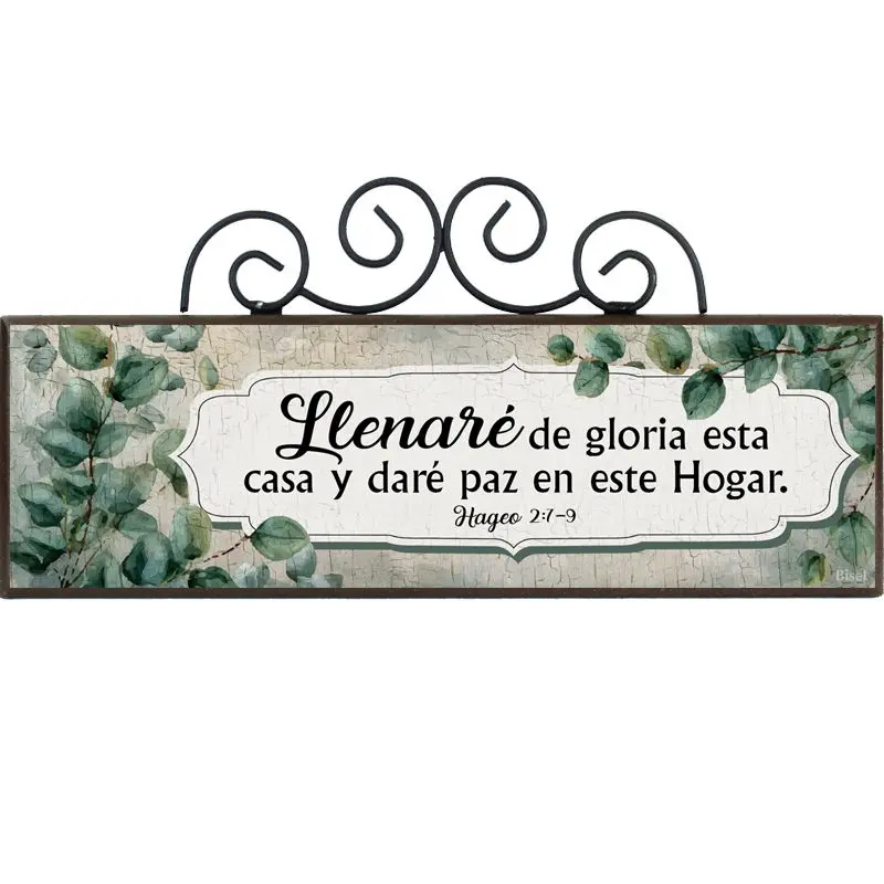 PLAQUETA CON FORJA TEXTO: HAGEO  2:7-9 LLENARE DE GLORIA 