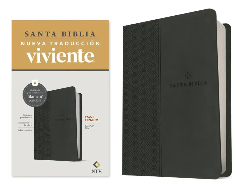 BIBLIA NTV, VALOR PREMIUM, CON FILAMENT, SIMIL PIEL GRIS