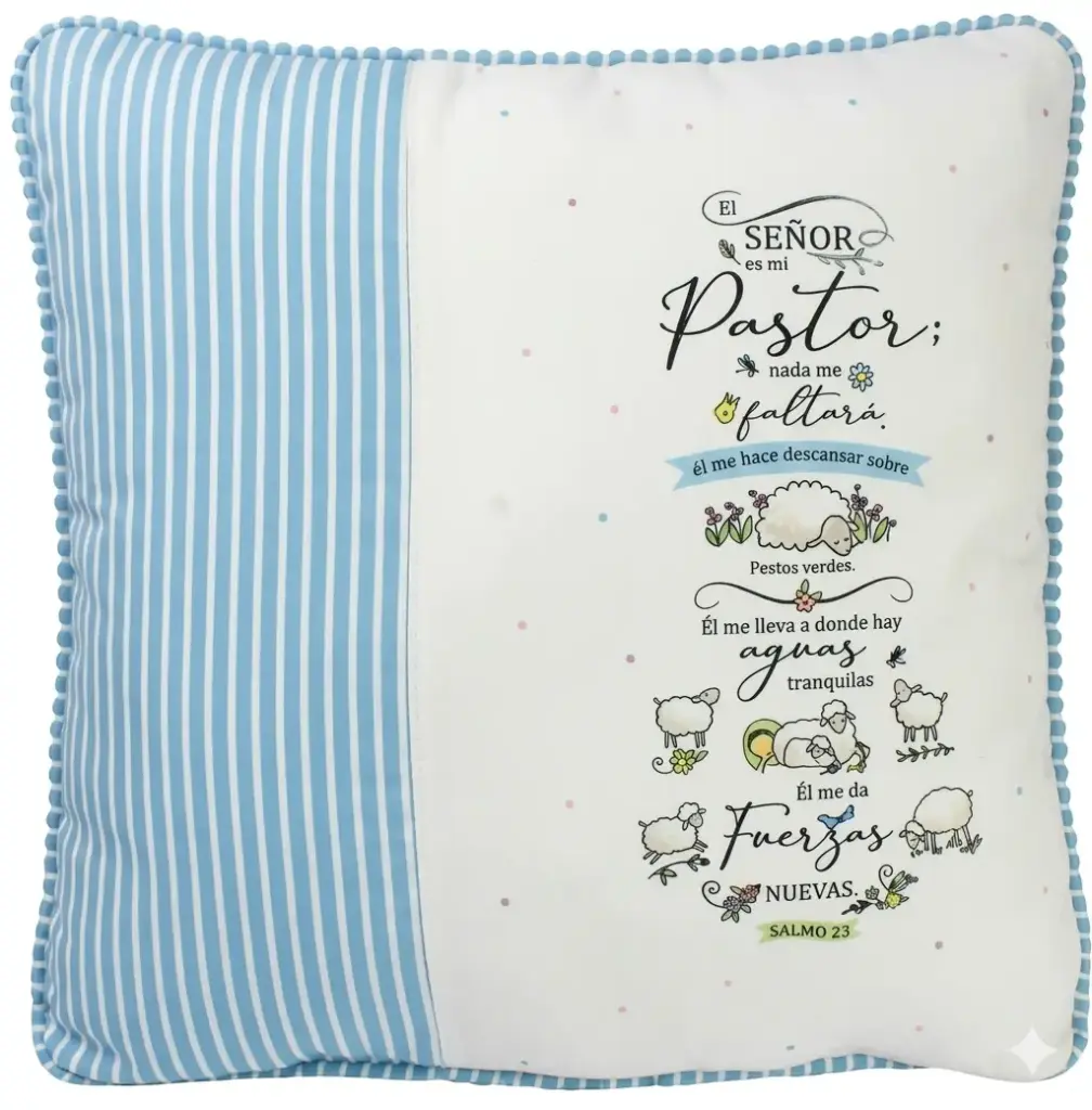 COJIN DISEÑO DE OVEJA TEXTO: SALMO 23 DE COLOR BLANCO CON RAYAS CELESTES