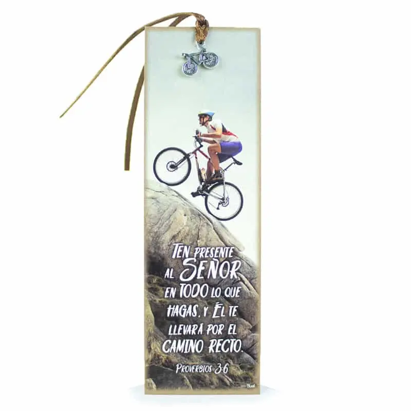 SEPARADOR CON DIJE TEXTO: PROVERBIOS 3:6, DISEÑO BICICLETA