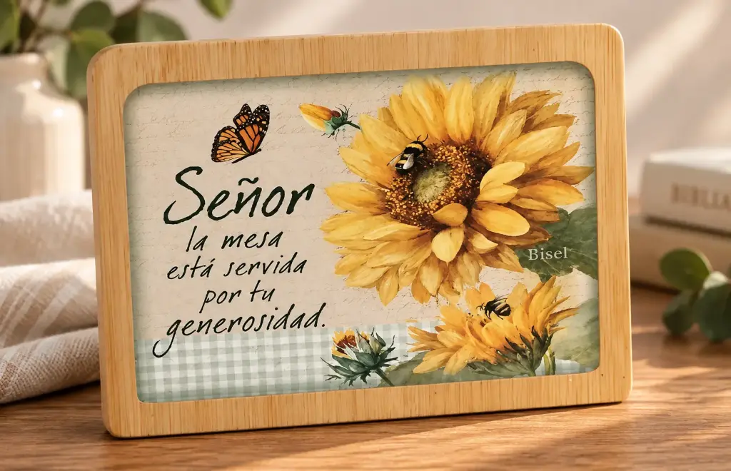 SERVILLETERO DE MADERA, TEXTO: SEÑOR LA MESA ESTA SERVIDA POR TU GENEROSIDAD