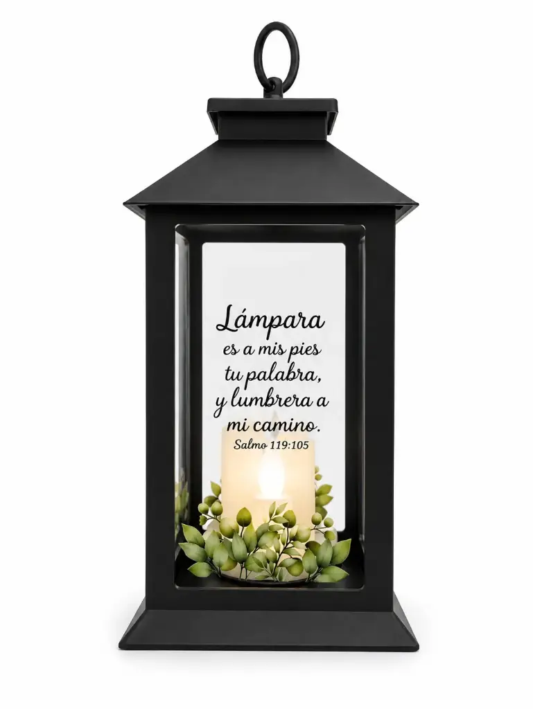 FAROL COLOR NEGRO CON HOJAS DISEÑO TRES VELAS, TEXTO: SALMO 119:5 GRANDE