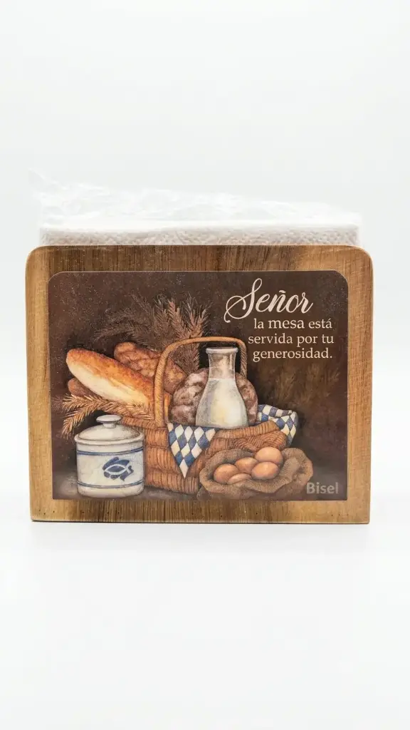 SERVILLETERO DE MADERA TEXTO: SEÑOR LA MESA ESTA SERVIDA POR TU GENEROSIDAD 