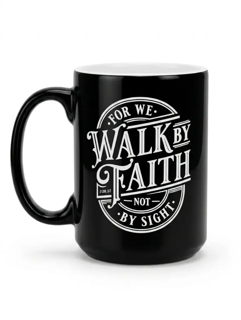 TAZA DE CERAMICA AZUL MARINO CAMINA POR FE 2 CORINTIOS 5:7 (EN INGLES) 