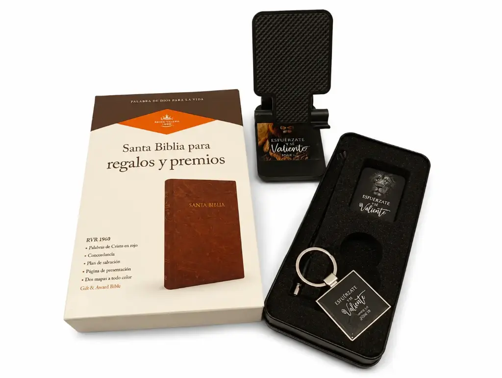 COMBO BIBLIA + PORTA CELULAR + CAJA DE METAL CON BOLIGRAFO Y SEPARADOR 
