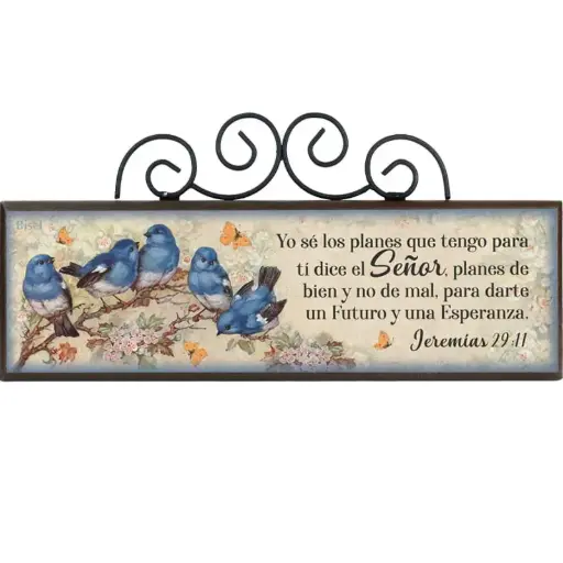 [DECOR-1185E] PLAQUETA DE PAJAROS AZULES CON FORJA, TEXTO: JEREMIAS 29:11