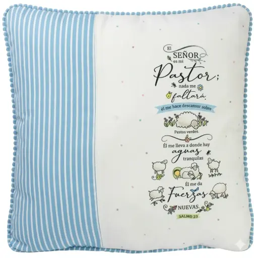 [JESHUA-1125A] COJIN DISEÑO DE OVEJA TEXTO: SALMO 23 DE COLOR BLANCO CON RAYAS CELESTES