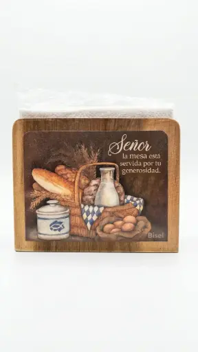 [WOOD-BS2405A] SERVILLETERO DE MADERA TEXTO: SEÑOR LA MESA ESTA SERVIDA POR TU GENEROSIDAD 